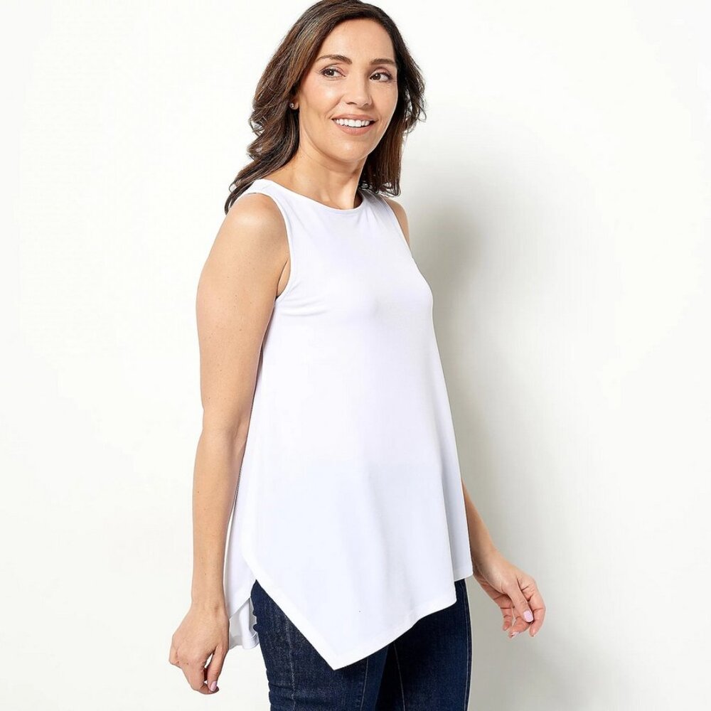 NWOT Susan Graver XXS Modern Essential Sleeveless Hi Low Liquid Knit White Tank